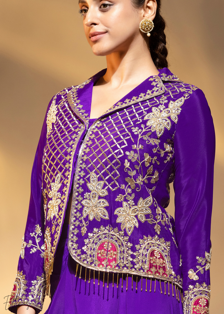 Violet Embroidered Crepe Jacket Dhoti Suit