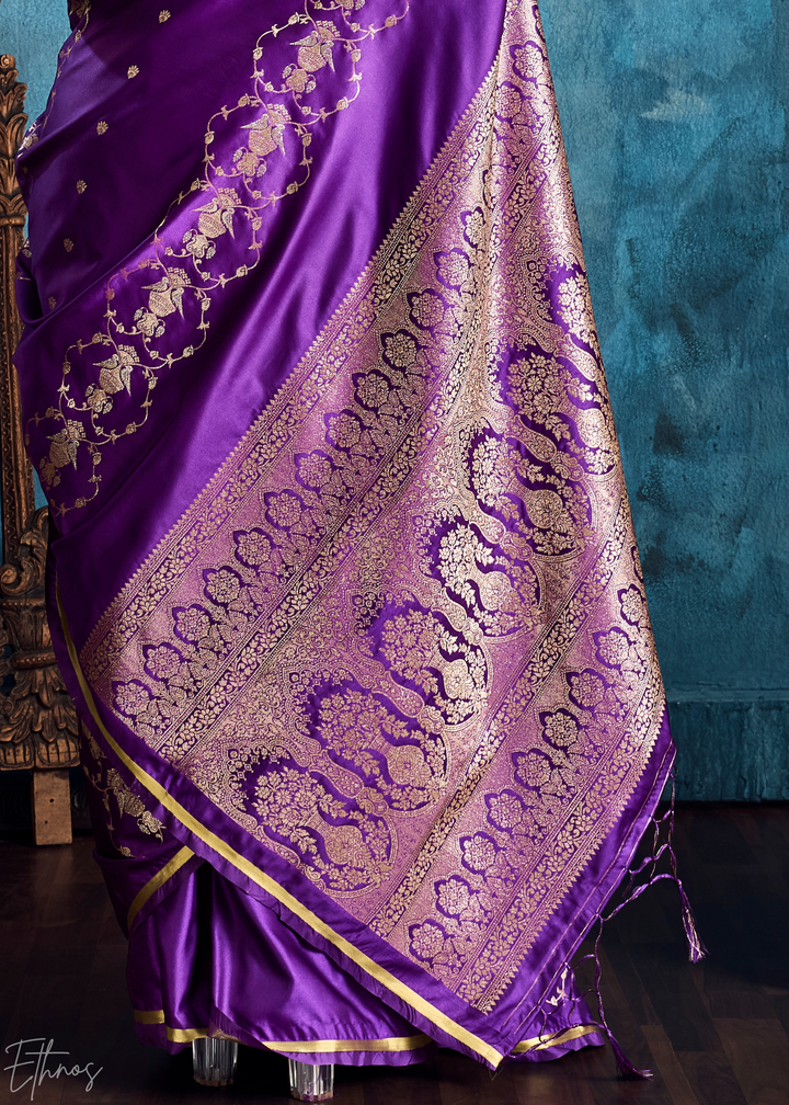 Violet Purple Floral Brocade Satin Silk Saree