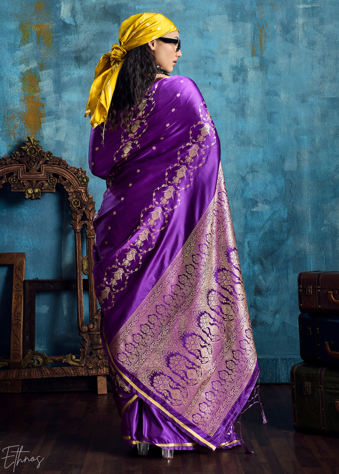 Violet Purple Floral Brocade Satin Silk Saree