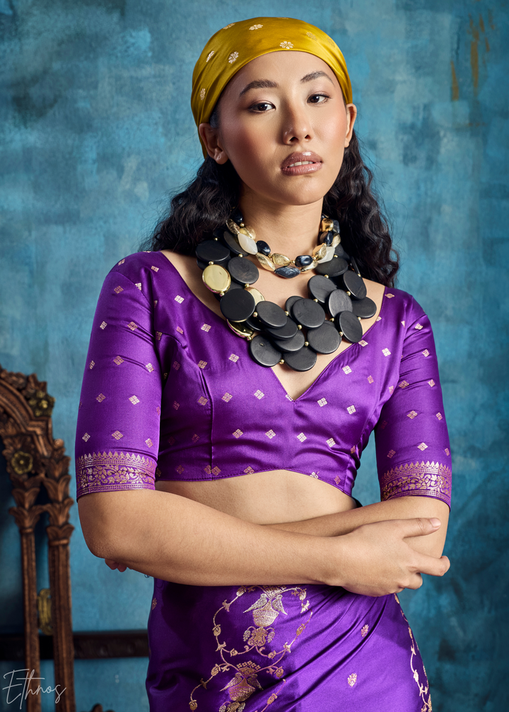 Violet Purple Floral Brocade Satin Silk Saree