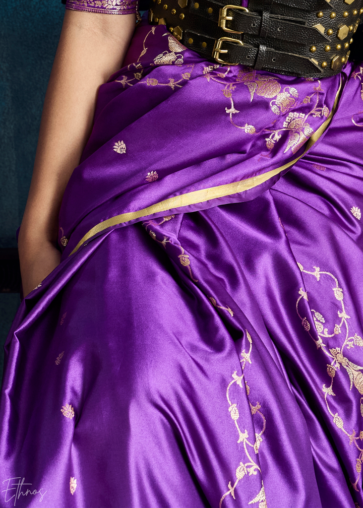 Violet Purple Floral Brocade Satin Silk Saree