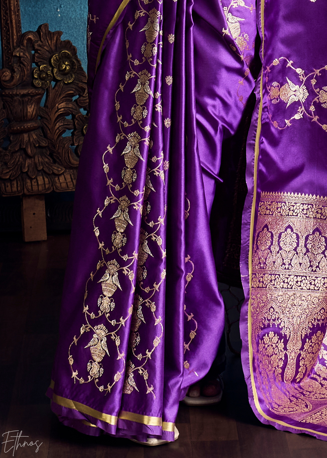 Violet Purple Floral Brocade Satin Silk Saree