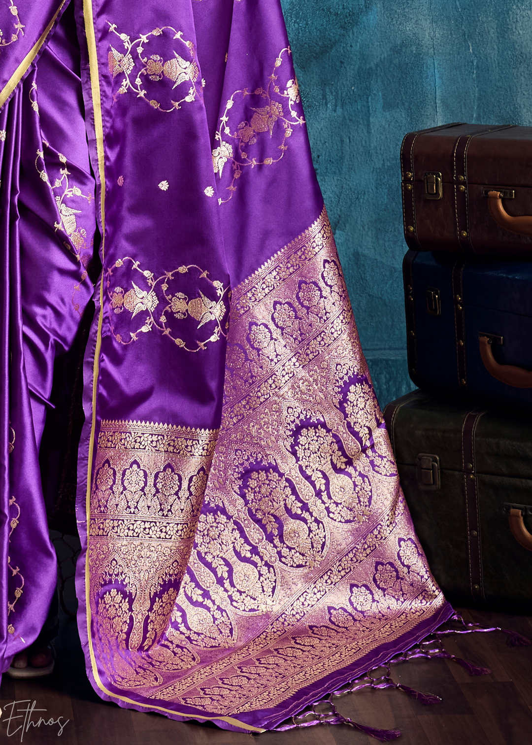 Violet Purple Floral Brocade Satin Silk Saree