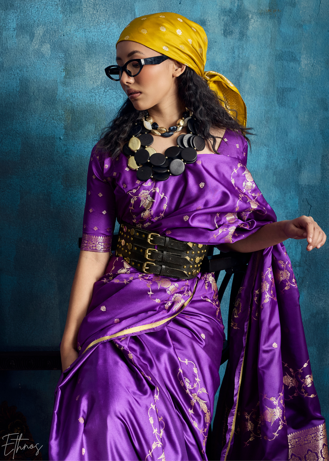 Violet Purple Floral Brocade Satin Silk Saree