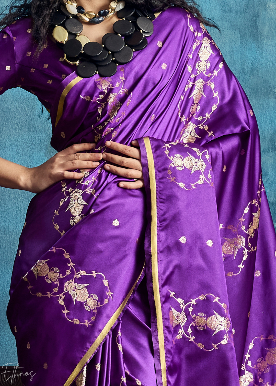 Violet Purple Floral Brocade Satin Silk Saree