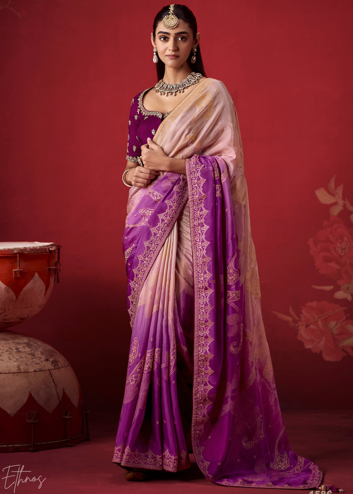 Violet Textured Chevron Ombre Dola Silk Saree