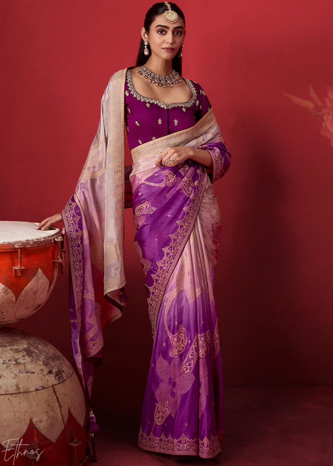 Violet Textured Chevron Ombre Dola Silk Saree