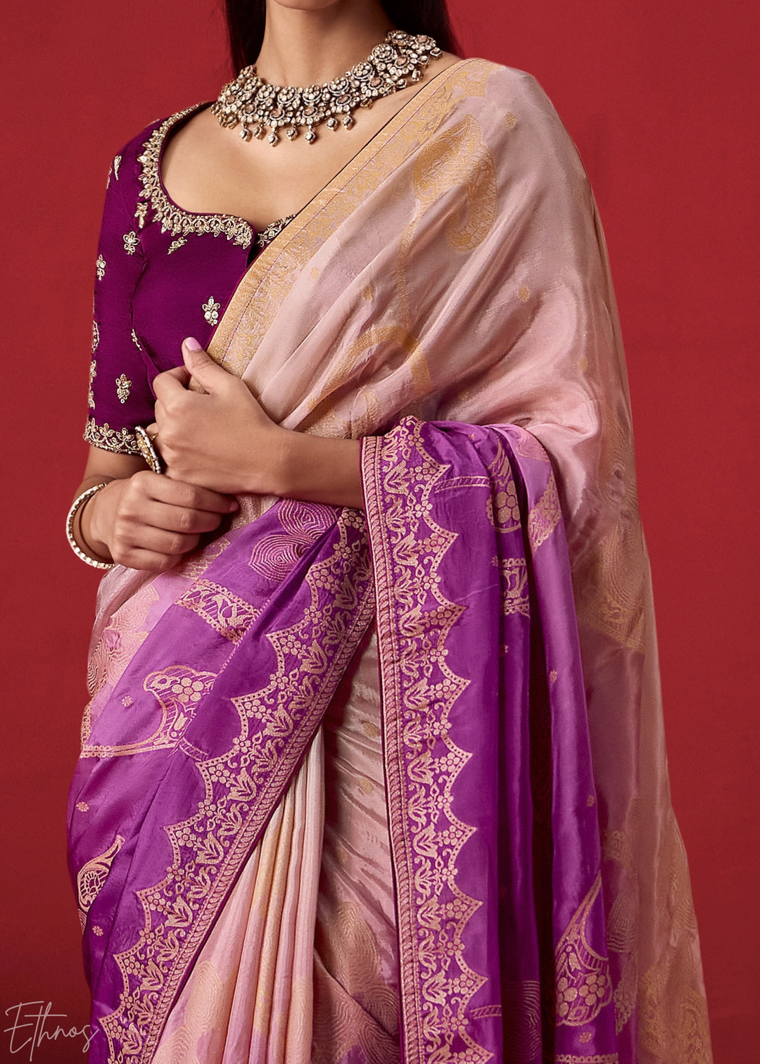 Violet Textured Chevron Ombre Dola Silk Saree