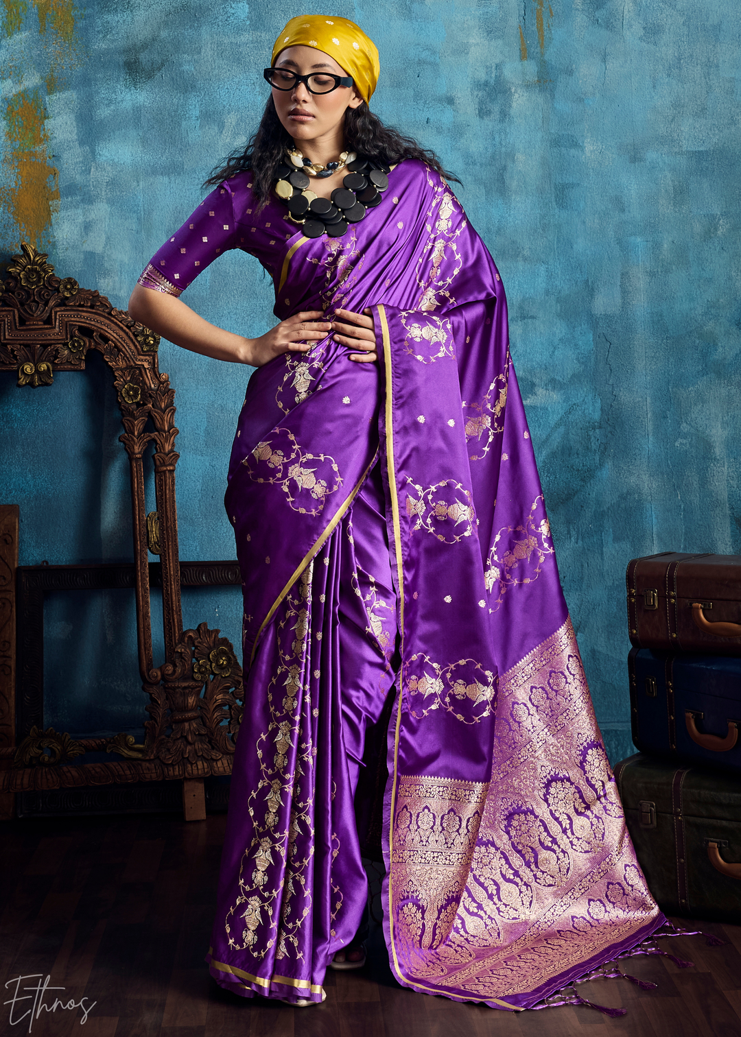Violet Purple Floral Brocade Satin Silk Saree