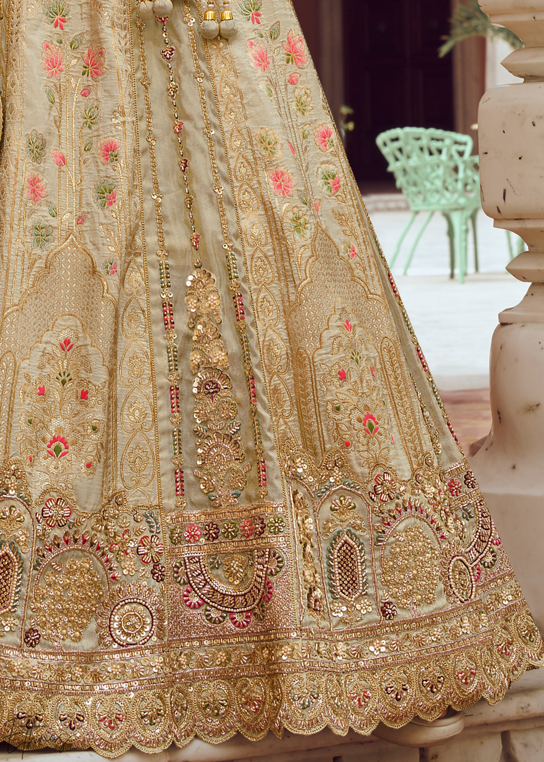 Cream Beige Paisley Weave Banarasi Silk Lehenga Choli