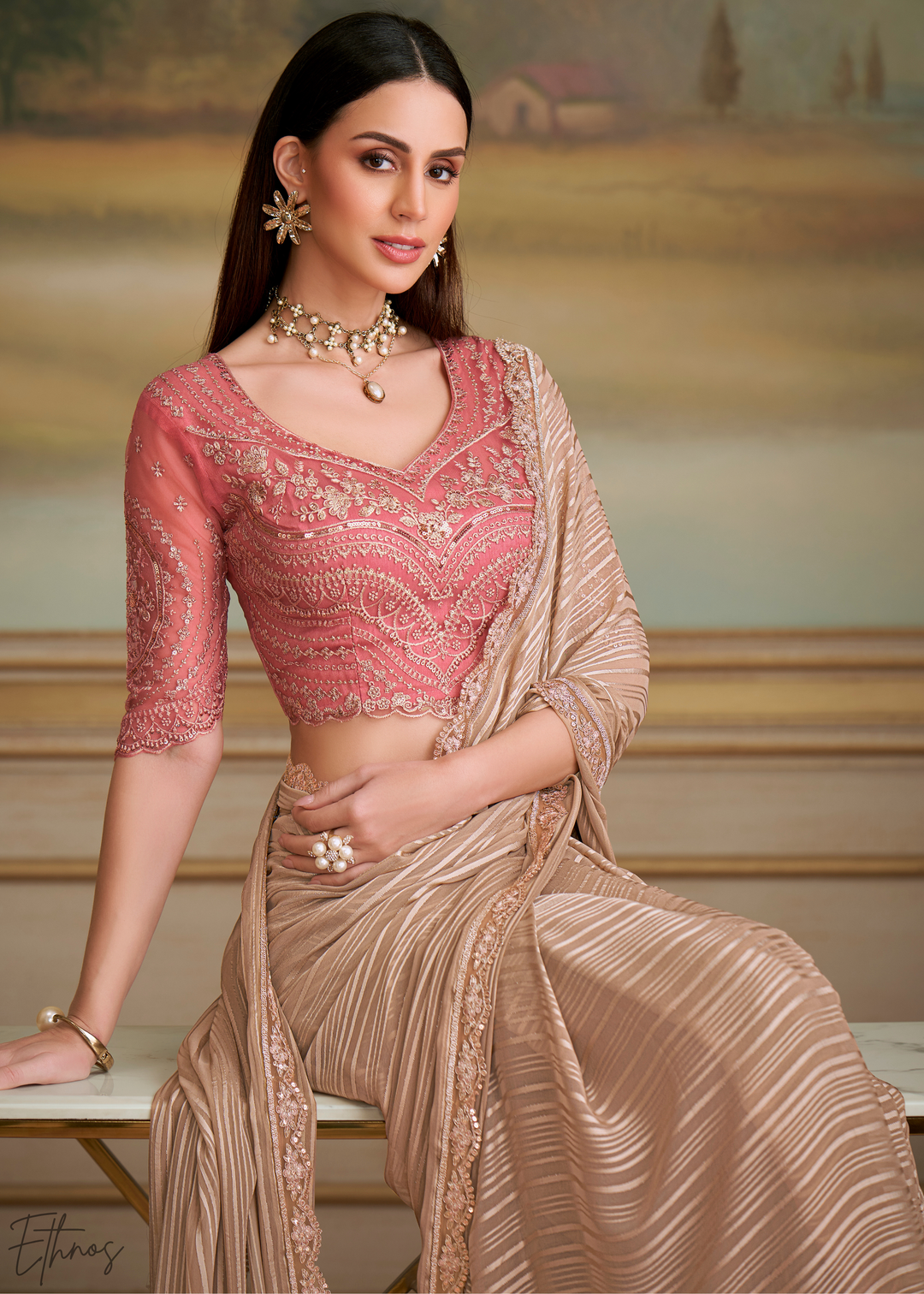 Warm Beige Chevron Pattern Georgette Saree