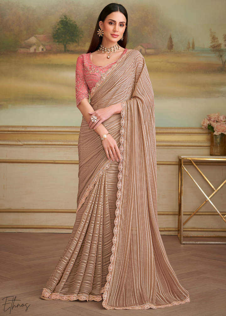 Warm Beige Chevron Pattern Georgette Saree