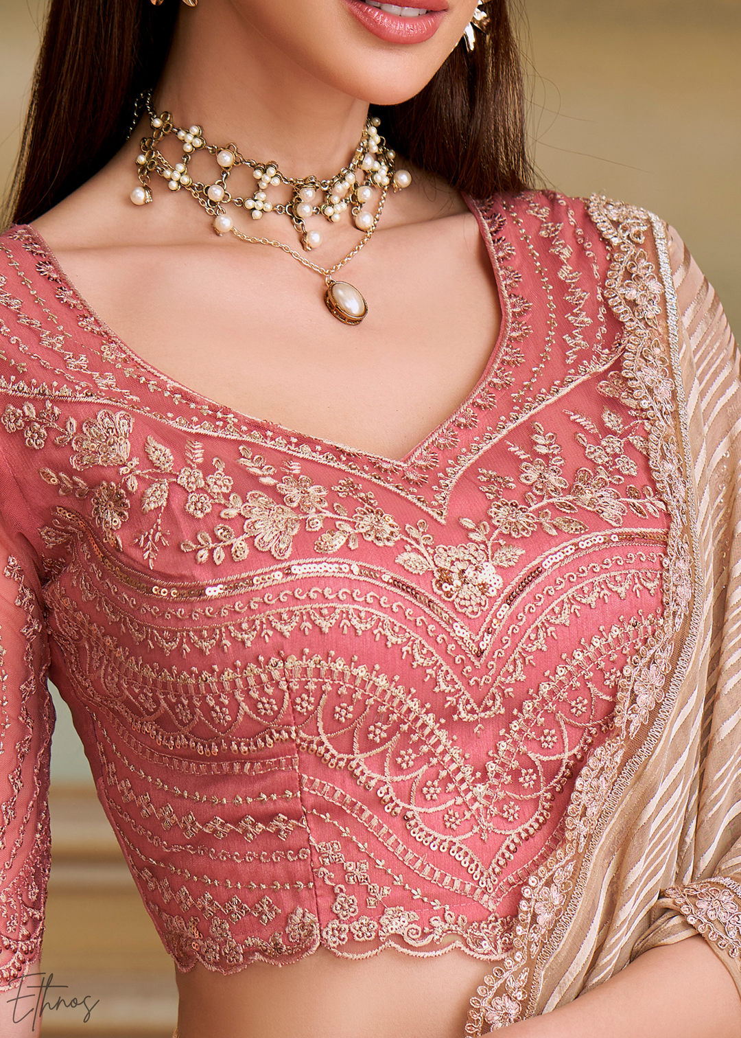 Warm Beige Chevron Pattern Georgette Saree