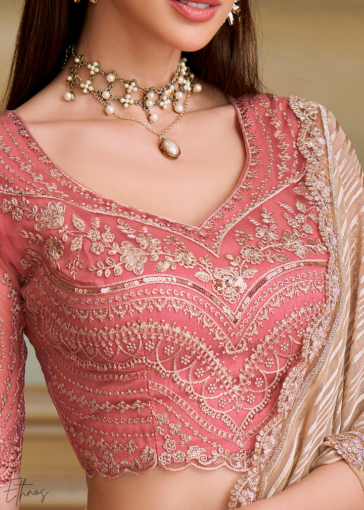 Warm Beige Chevron Pattern Georgette Saree