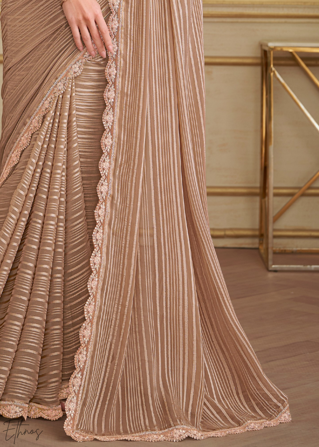 Warm Beige Chevron Pattern Georgette Saree