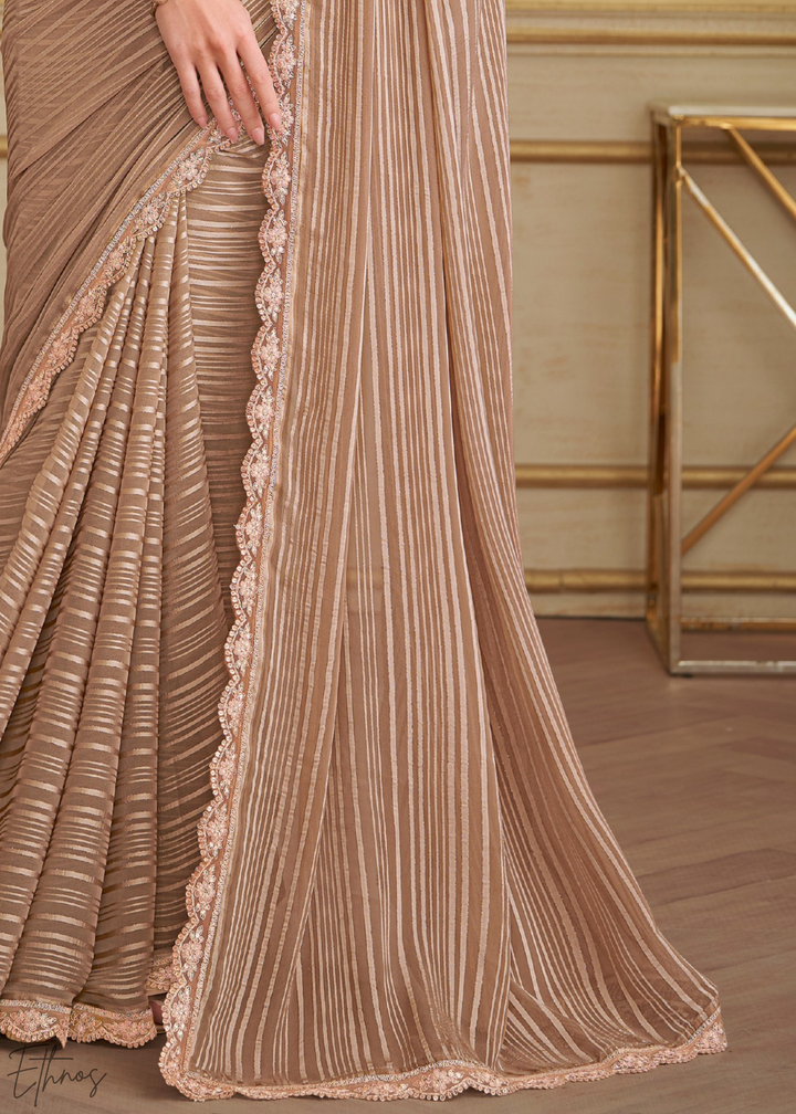 Warm Beige Chevron Pattern Georgette Saree