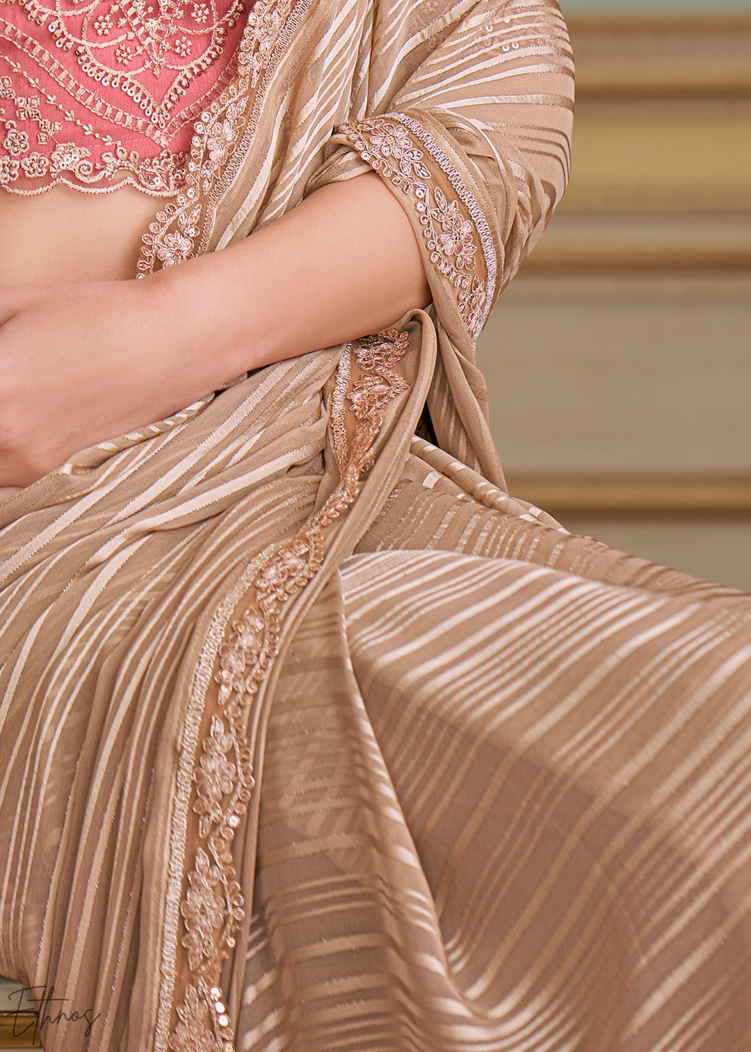 Warm Beige Chevron Pattern Georgette Saree