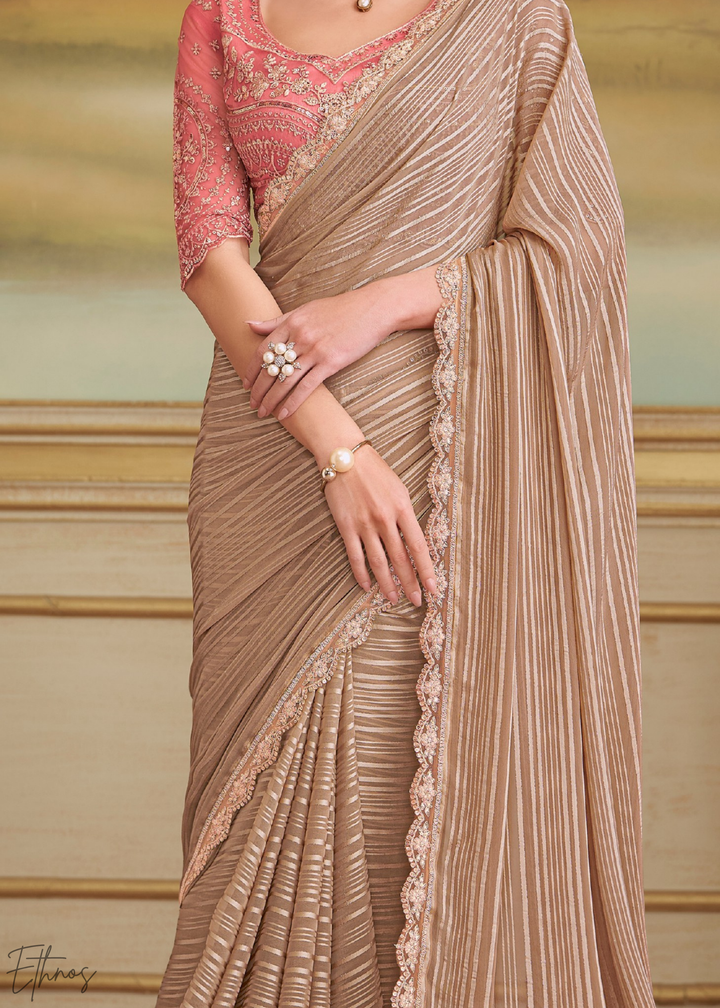 Warm Beige Chevron Pattern Georgette Saree