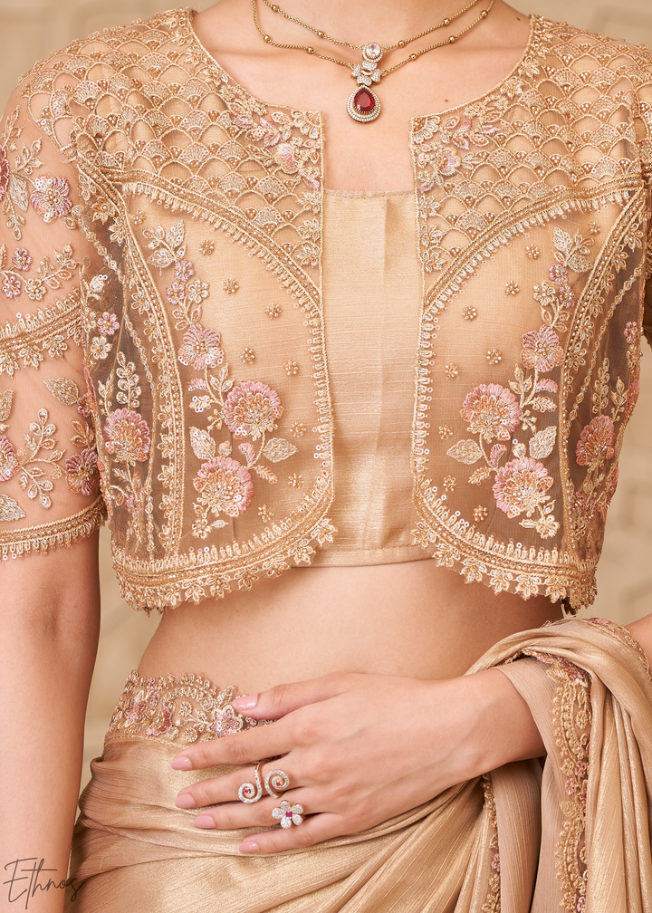 Warm Taupe Classic Border Satin Georgette Saree