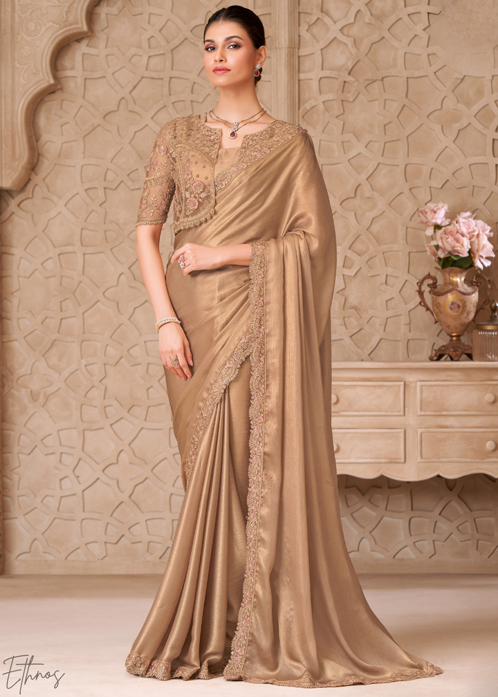 Warm Taupe Classic Border Satin Georgette Saree