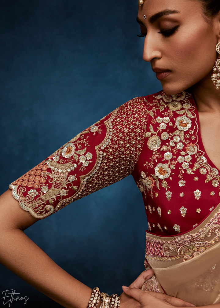 Warm Taupe Tambour Embroidered Border Tissue Saree