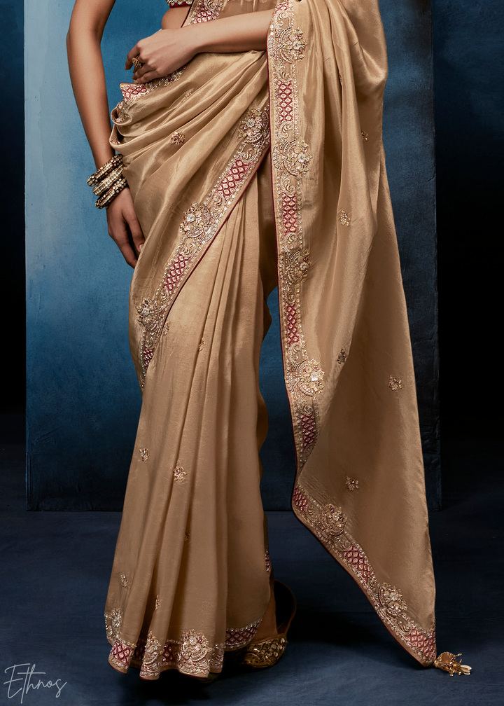 Warm Taupe Tambour Embroidered Border Tissue Saree