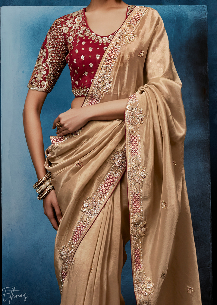 Warm Taupe Tambour Embroidered Border Tissue Saree