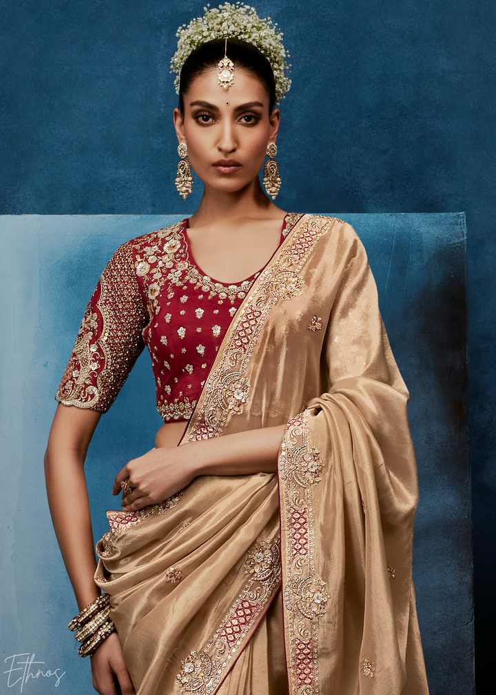Warm Taupe Tambour Embroidered Border Tissue Saree