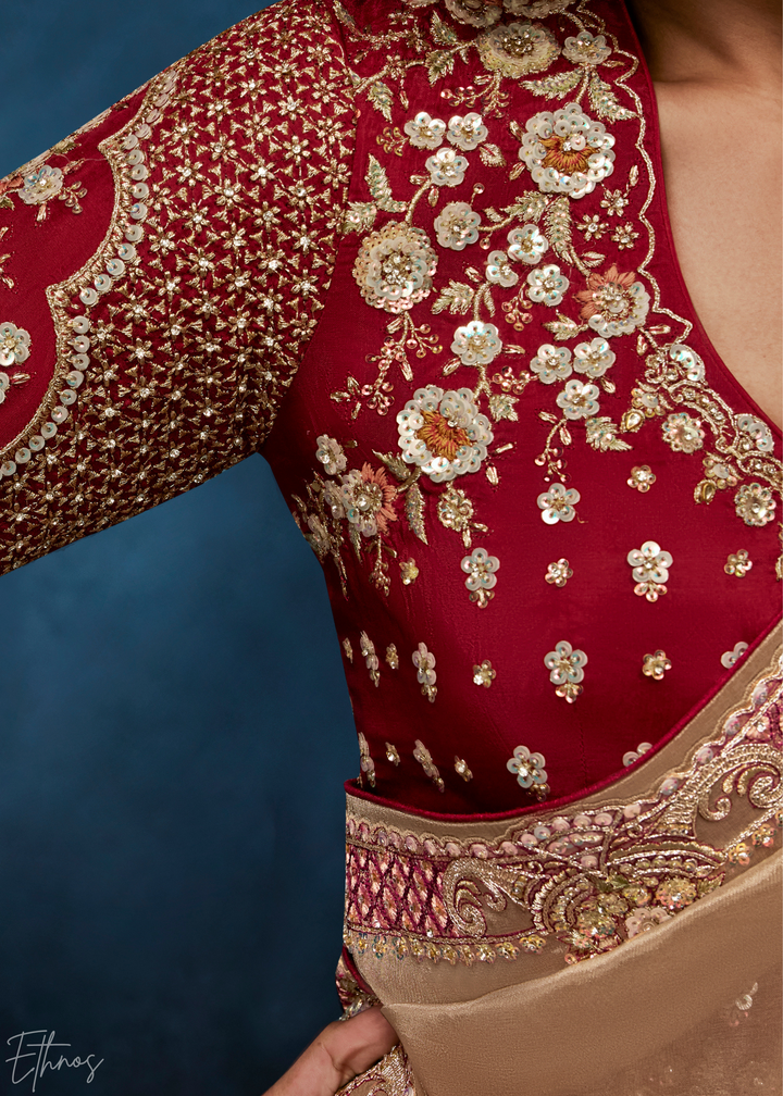 Warm Taupe Tambour Embroidered Border Tissue Saree