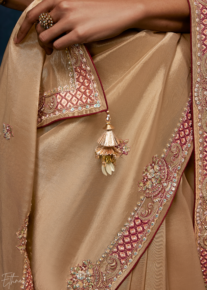 Warm Taupe Tambour Embroidered Border Tissue Saree
