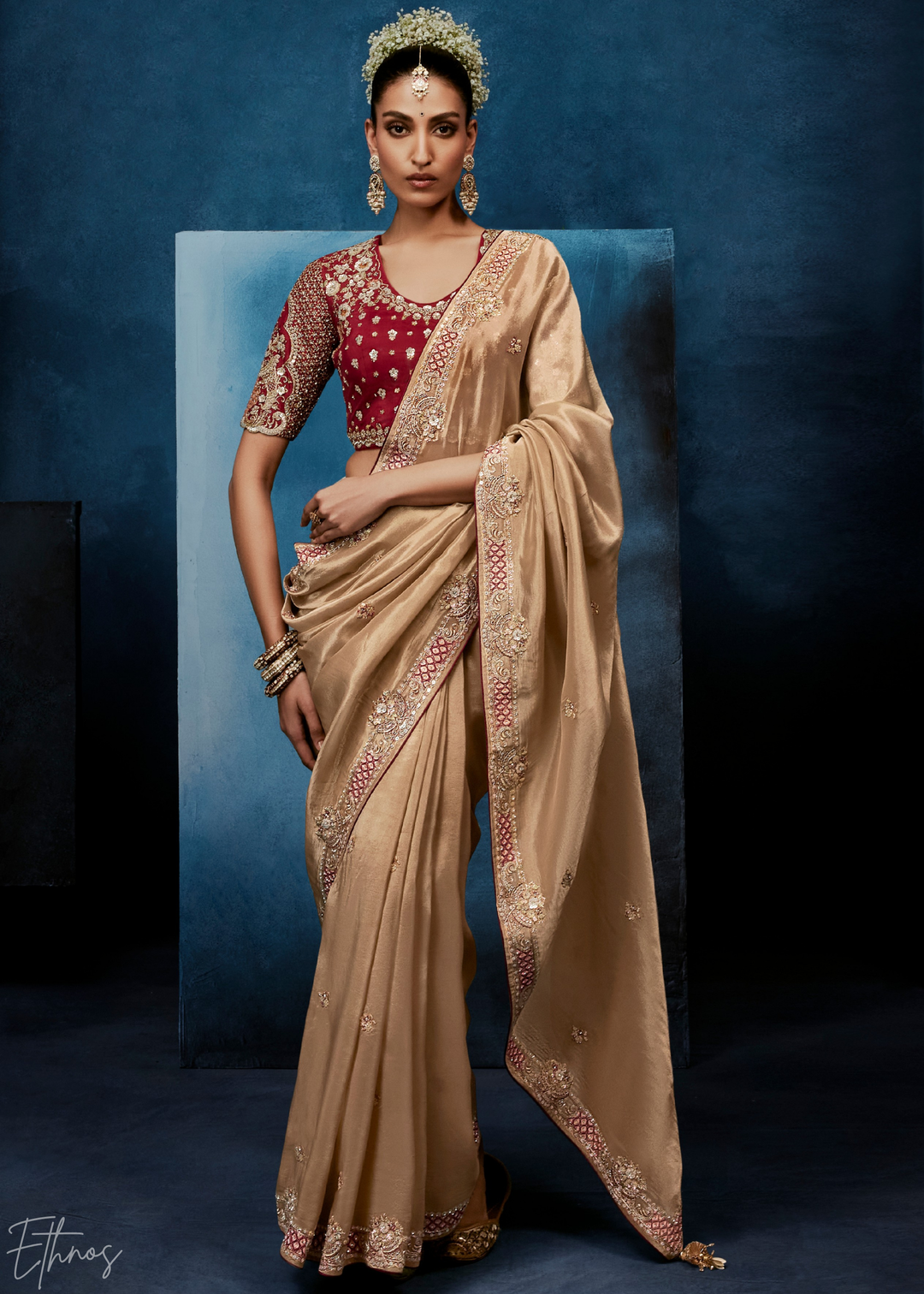 Warm Taupe Tambour Embroidered Border Tissue Saree