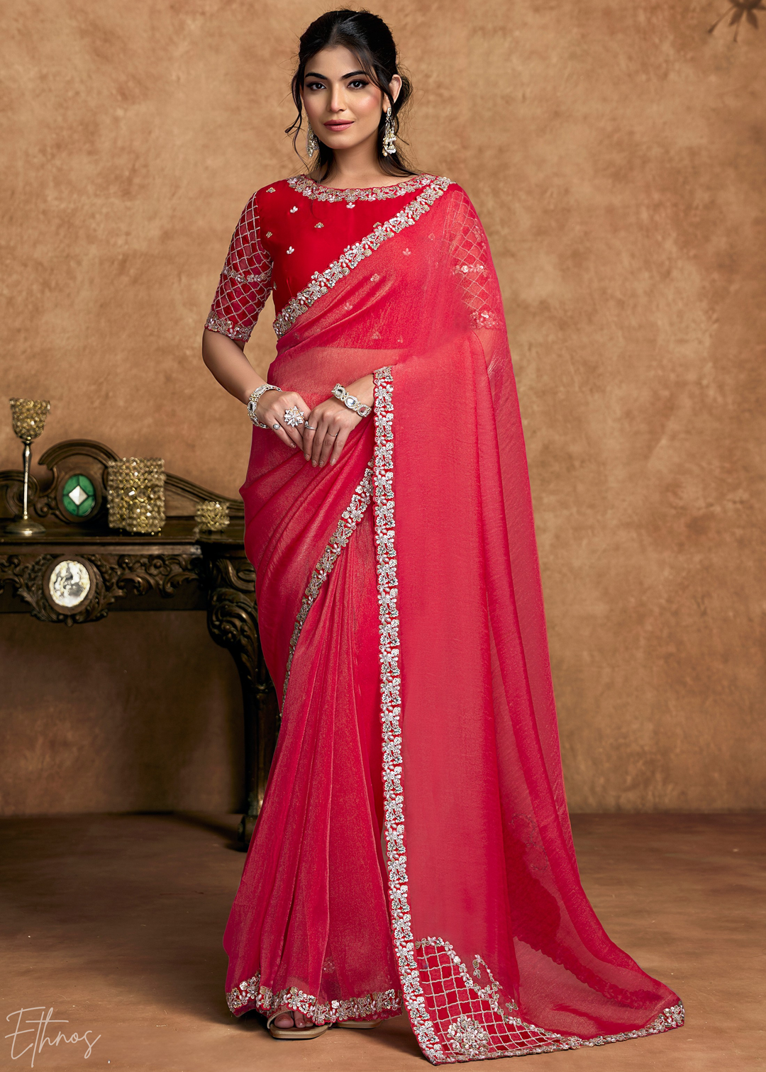 Watermelon Pink Sequin Embroidered Organza Satin Saree