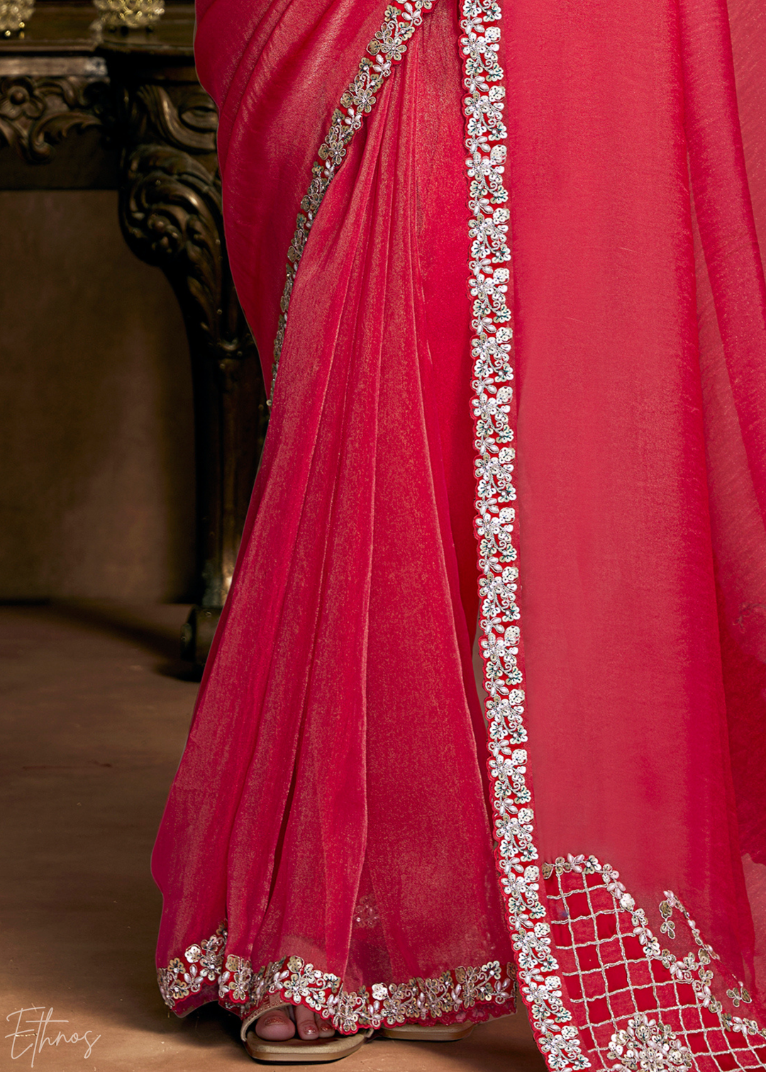Watermelon Pink Sequin Embroidered Organza Satin Saree
