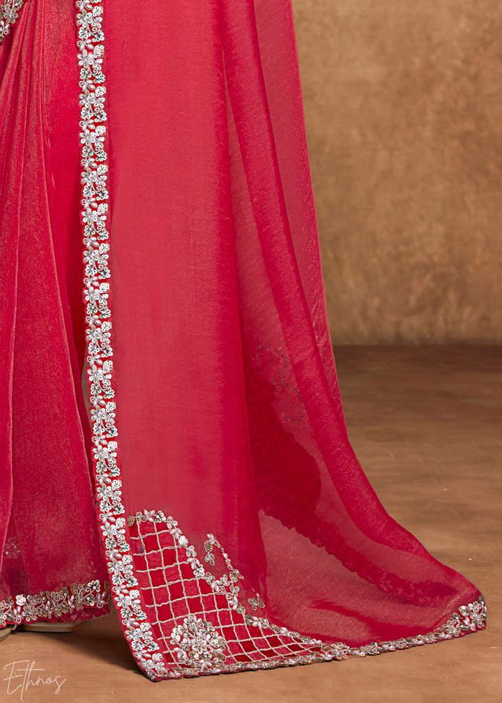 Watermelon Pink Sequin Embroidered Organza Satin Saree