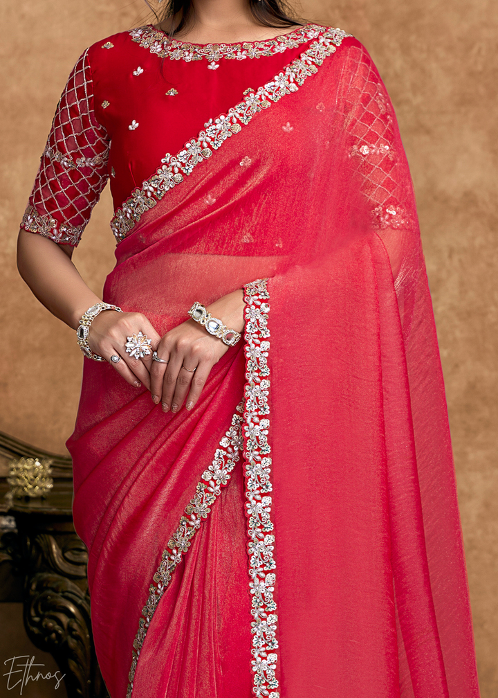 Watermelon Pink Sequin Embroidered Organza Satin Saree