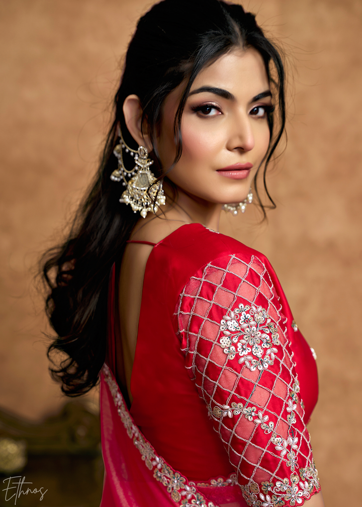 Watermelon Pink Sequin Embroidered Organza Satin Saree
