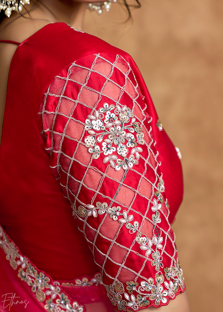Watermelon Pink Sequin Embroidered Organza Satin Saree