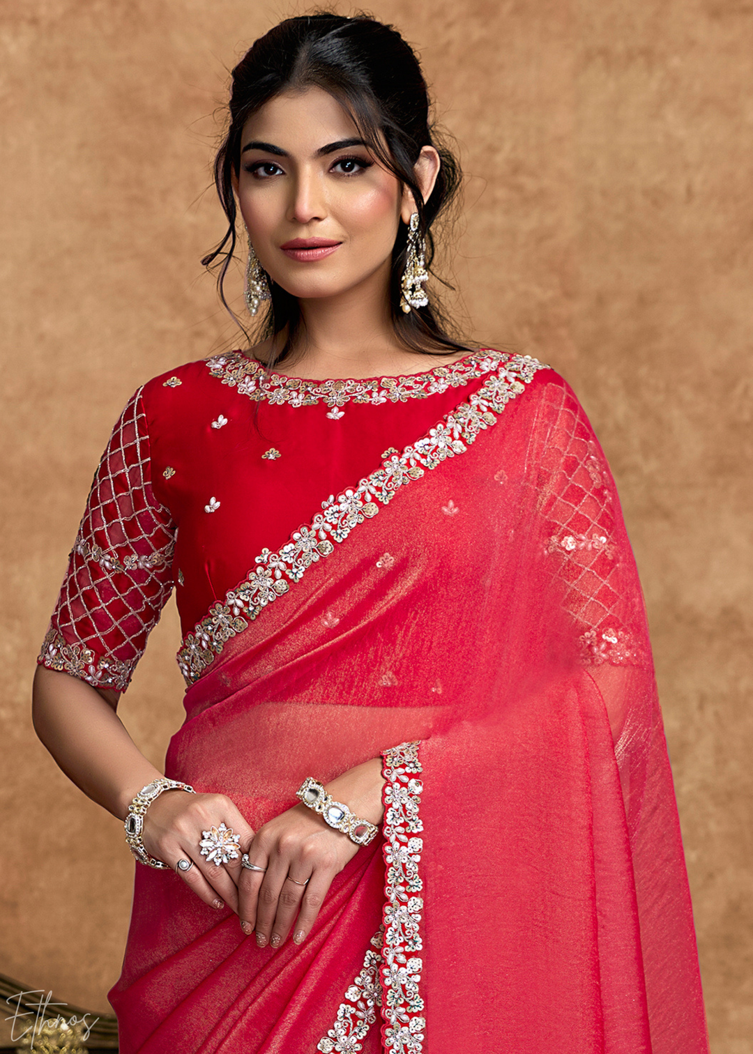 Watermelon Pink Sequin Embroidered Organza Satin Saree