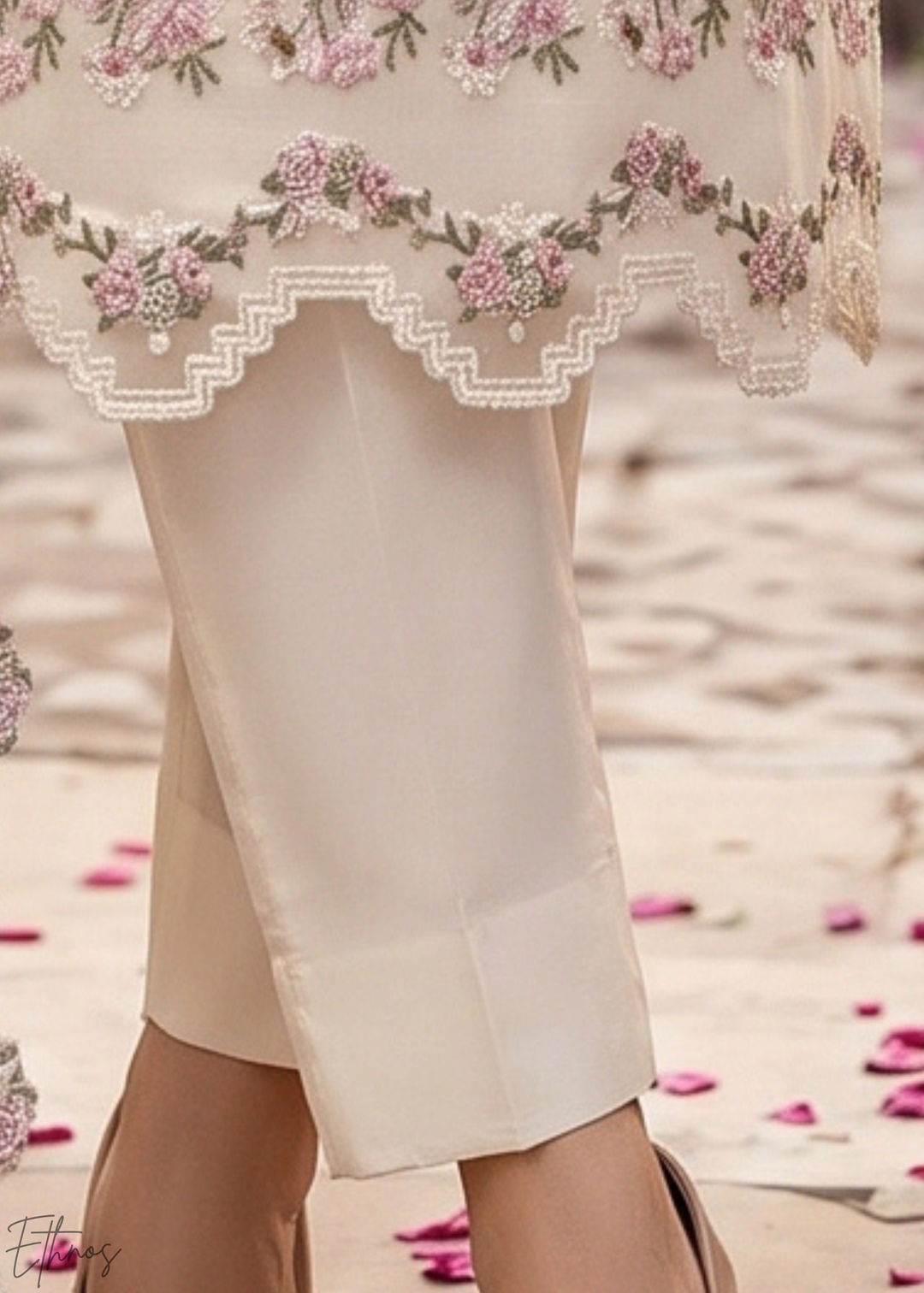 White Botanical Embroidered Palazzo Chiffon Suit