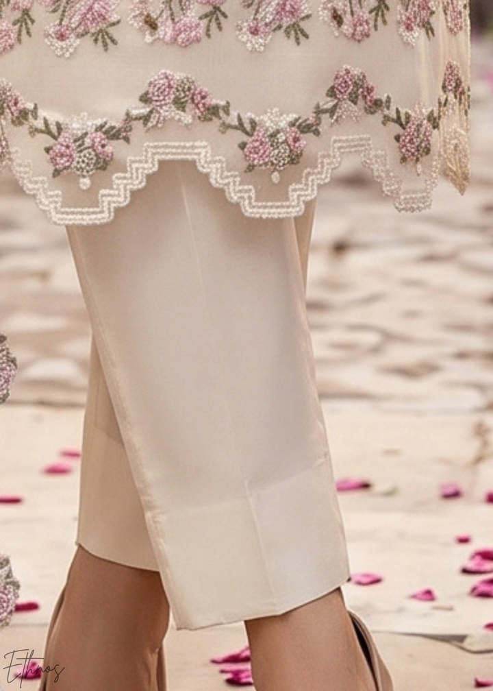 White Botanical Embroidered Palazzo Chiffon Suit