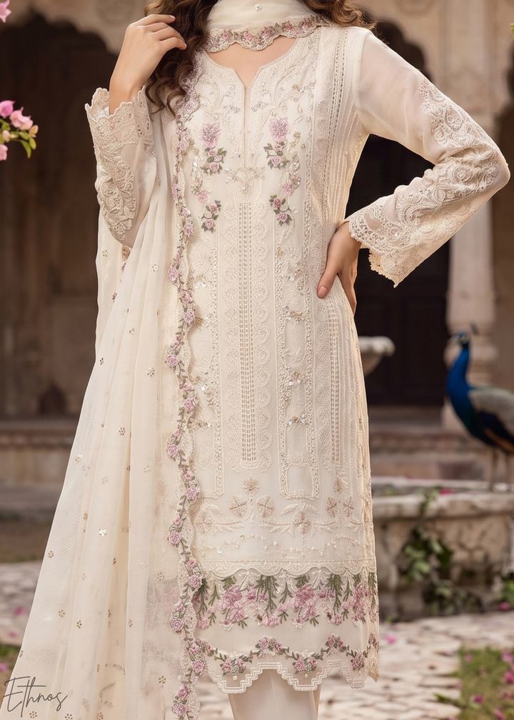 White Botanical Embroidered Palazzo Chiffon Suit