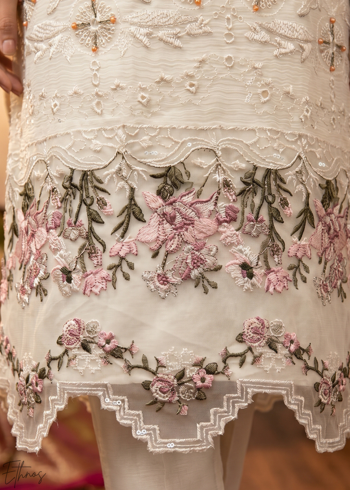 White Botanical Embroidered Palazzo Chiffon Suit