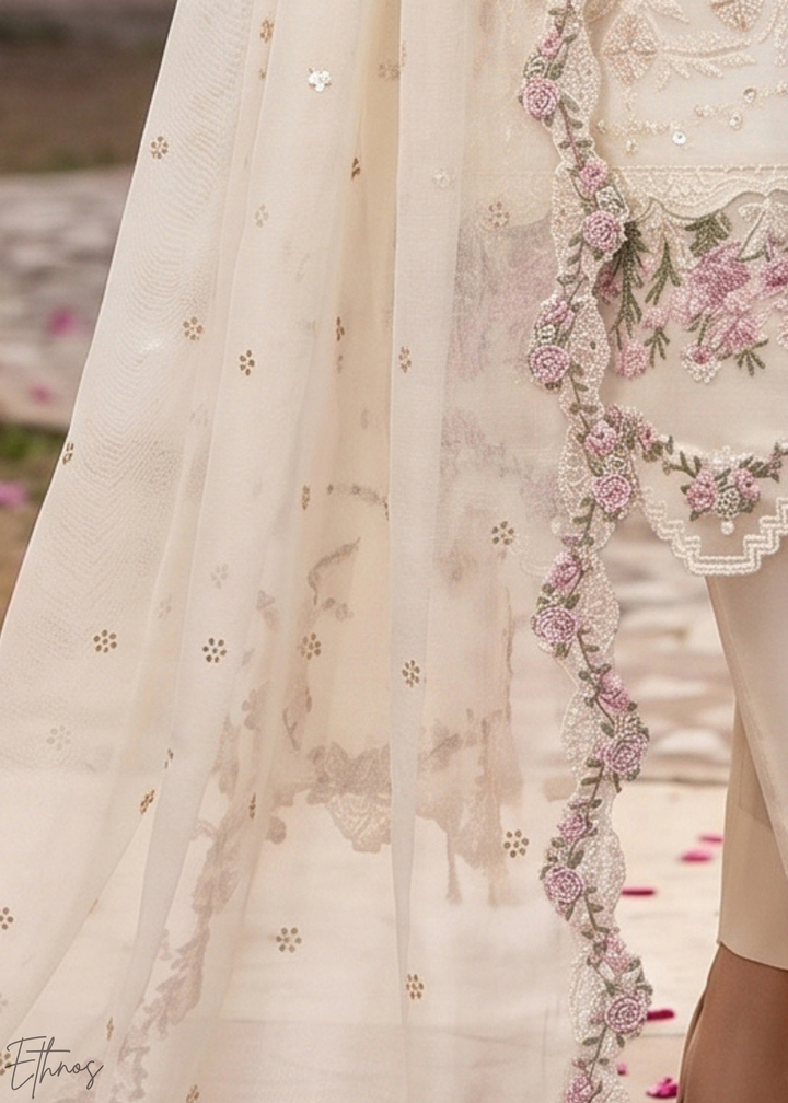 White Botanical Embroidered Palazzo Chiffon Suit