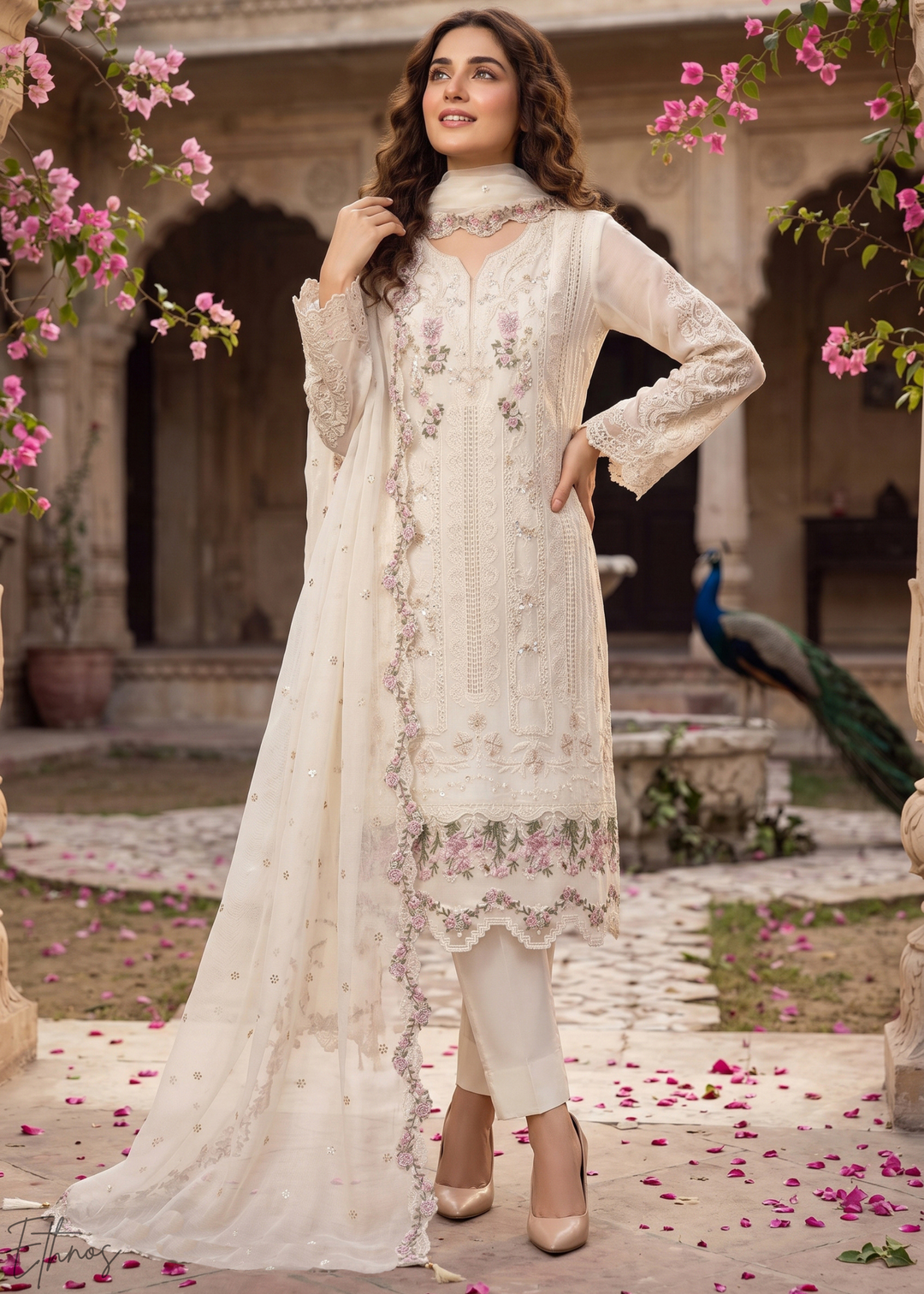 White Botanical Embroidered Palazzo Chiffon Suit