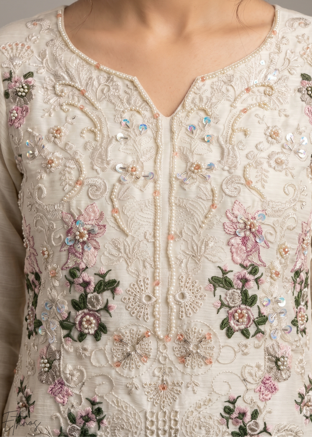 White Botanical Embroidered Palazzo Chiffon Suit