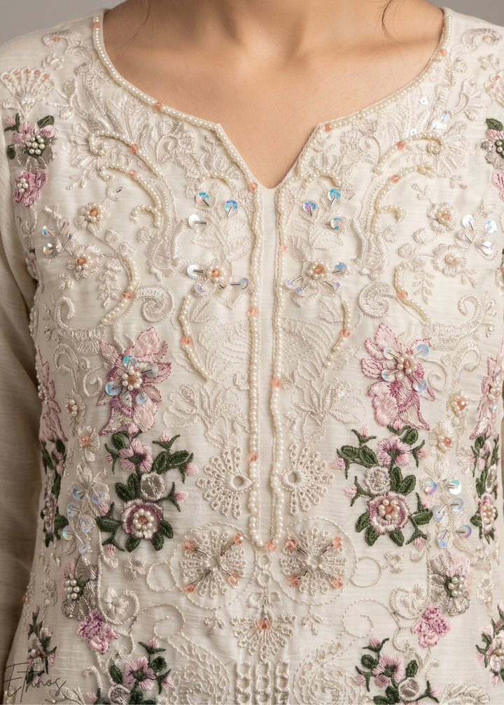 White Botanical Embroidered Palazzo Chiffon Suit