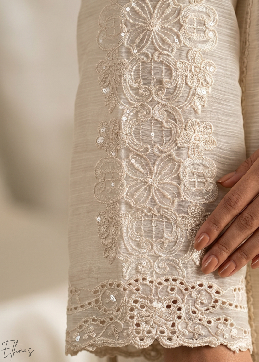 White Botanical Embroidered Palazzo Chiffon Suit