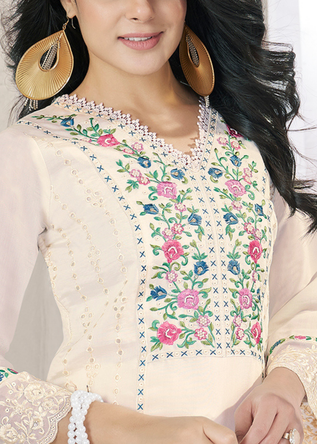 White Embellished Flora Silk Palazzo Suit