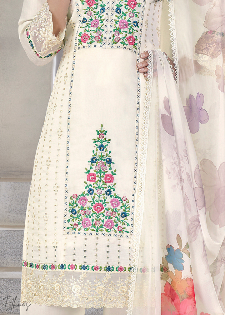 White Embellished Flora Silk Palazzo Suit