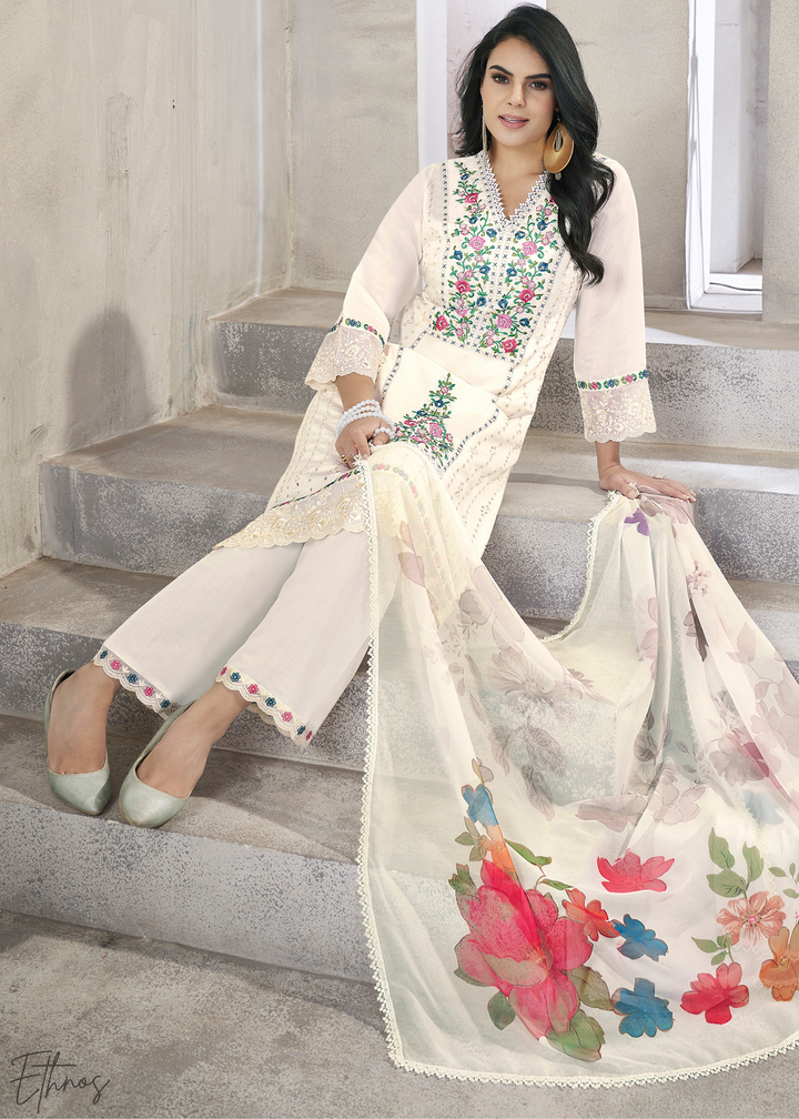 White Embellished Flora Silk Palazzo Suit